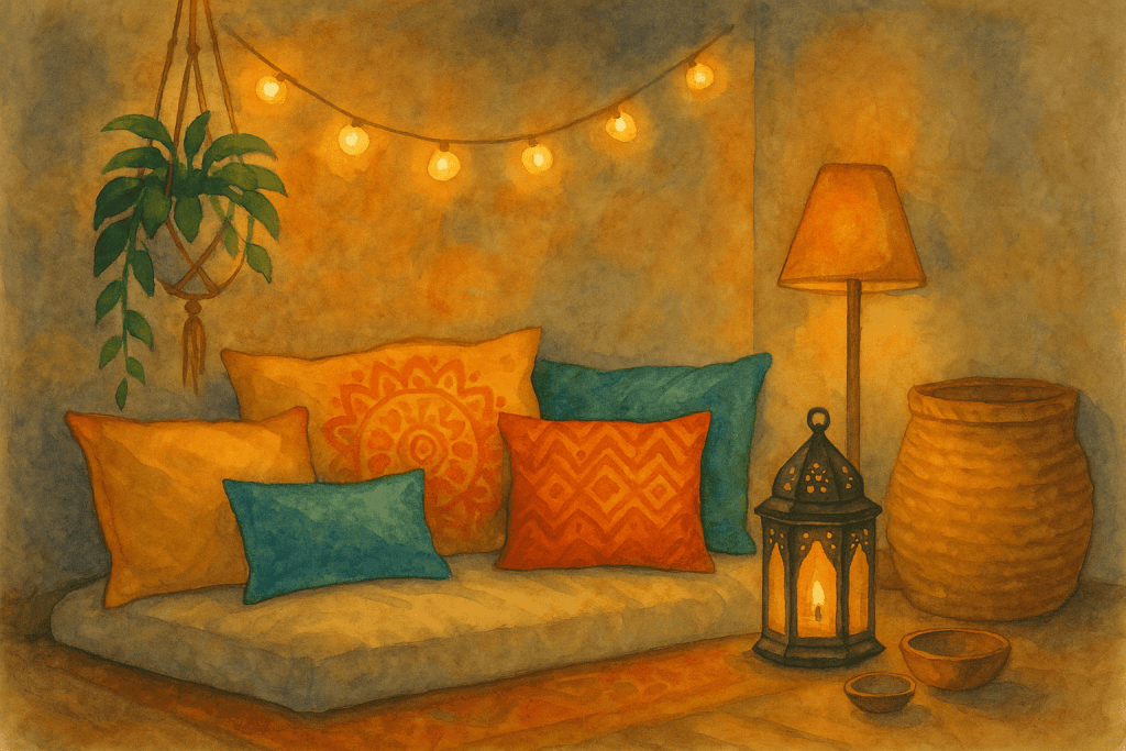 Barevné ručně vyšívané polštáře na pohodlné podložce, teplé osvětlení a dekorace ve stylu boho, ideální pro relaxaci nebo originální bytový dekor.