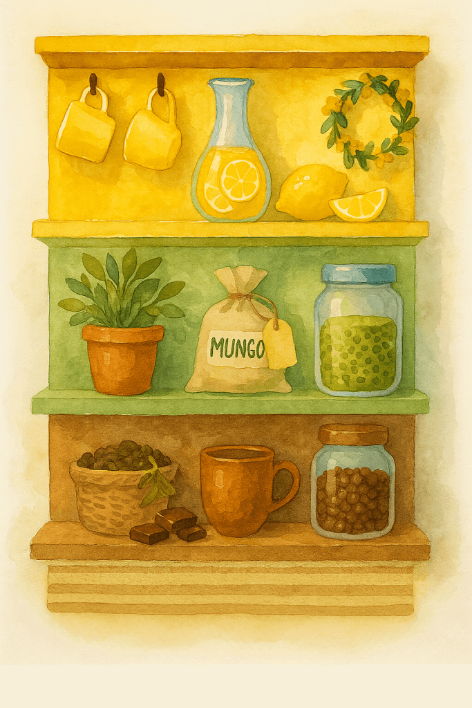 Boho kuchyně – barevně rozdělené police: žlutá, zelená, hnědá.