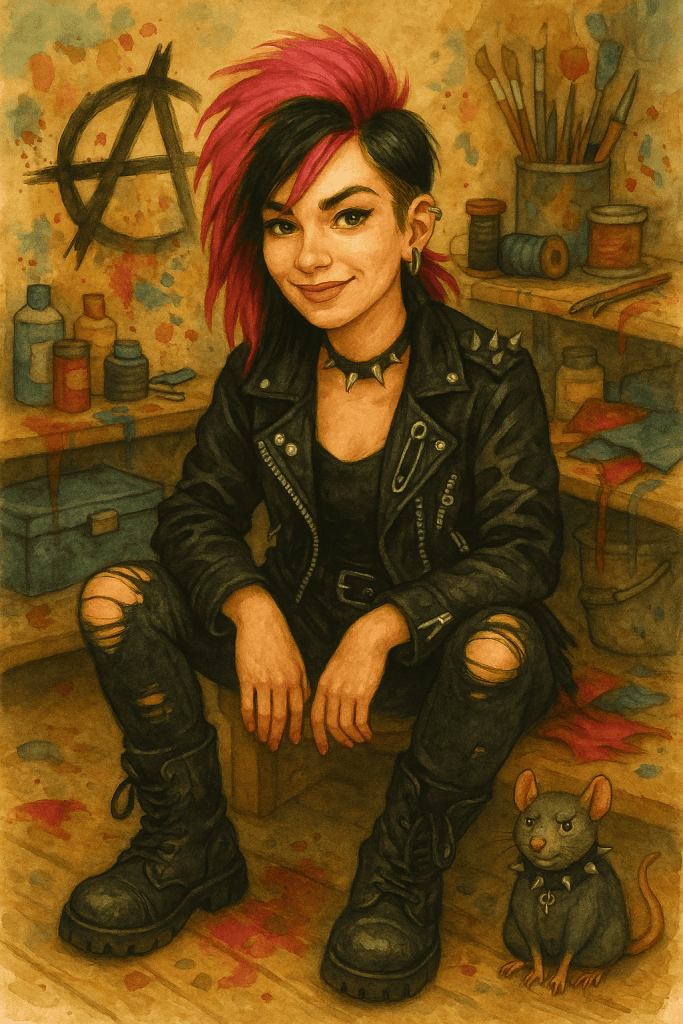 Krásná punková žena s červeným a černým padajícím účesem sedí v pracovně s barvou street art a nástroji na pozadí.