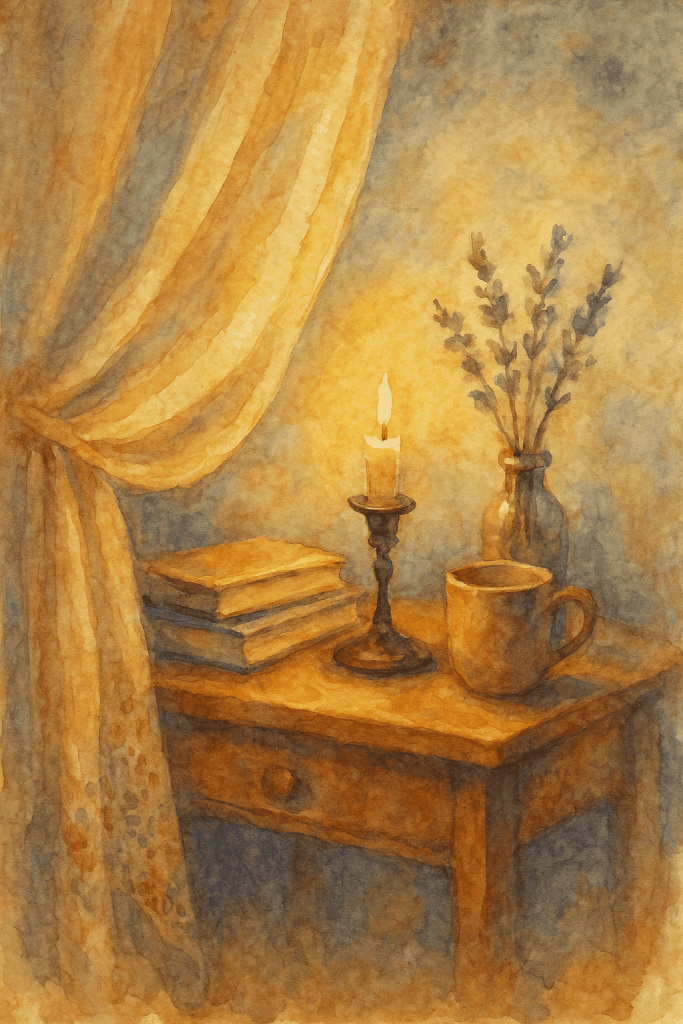 Pokojová scéna Boho ložnice s knihami, svíčkou a květinou v podzimních tónech, vytváří útulnou a klidnou atmosféru, ideální pro relaxaci a odpočinek v rámci domácí dekorace.