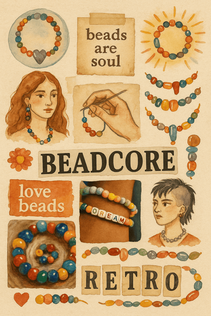 Watercolor poster with retro beadcore aesthetic. Handmade jewelry, beads, DIY bracelets and subcultural fashion illustration.