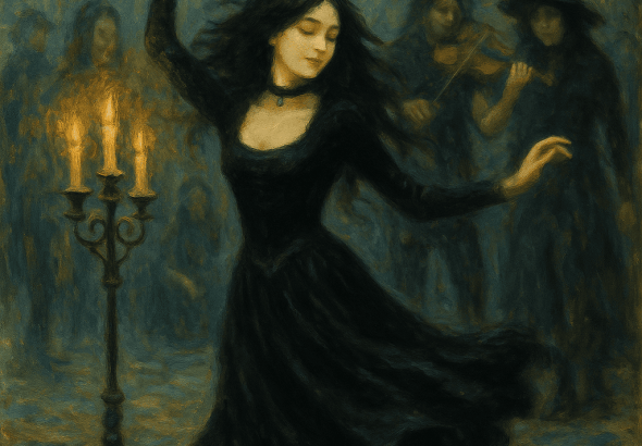 Tanečnice v černých šatech s plápolajícími svíčkami a halloweenskou atmosférou, malba ve stylu impresionismu, temná a tajemná scéna s hudebníky v pozadí.