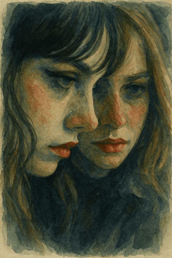 Detailní obrázek ženy s dlouhými hnědými vlasy, malovaný ve stylu akvarelu, ukazuje obličej s výraznými rysy, vážný výraz a citovou hloubku, ideální pro designové projekty nebo umělecké textilie, Bead Culture.