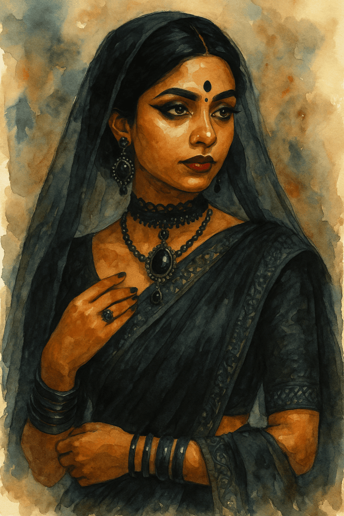 Elegantní žena v tradičním indickém stylu s černým šatem, bohatým šperkovým setem a výraznou make-up, portrét ve watercolor stylu pro web o špercích a módě.