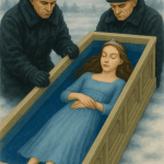 Kreativní umění, symbolická ilustrace, princezna leží v rakvi, dvě vojenské postavy, smuteční atmosféra, romantické a temné motivy, umělá inteligence, fantasy styl, fantazijná ilustrace, snový a melancholický vizuál, záměrné využití barvy a kompozice.