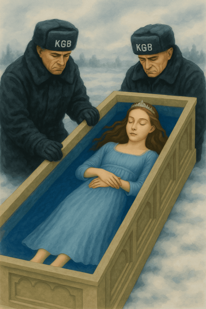 Kreativní umění, symbolická ilustrace, princezna leží v rakvi, dvě vojenské postavy, smuteční atmosféra, romantické a temné motivy, umělá inteligence, fantasy styl, fantazijná ilustrace, snový a melancholický vizuál, záměrné využití barvy a kompozice.