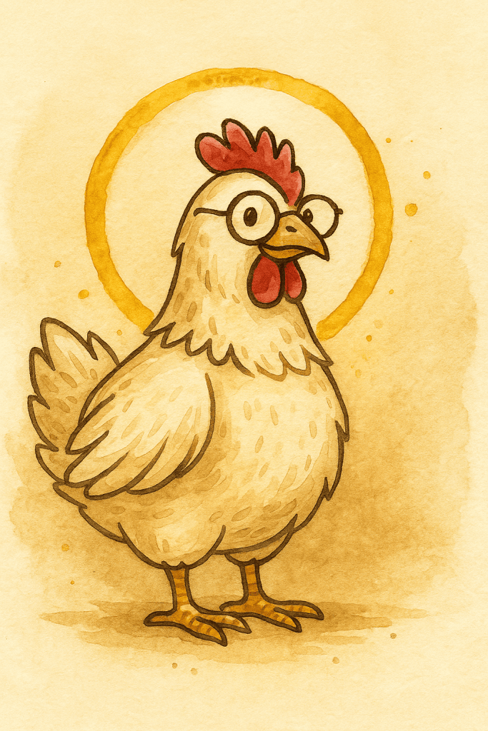 Olodumare mýtus: bílá slepice se svatozáří – symbol stvoření pevniny (Yoruba).