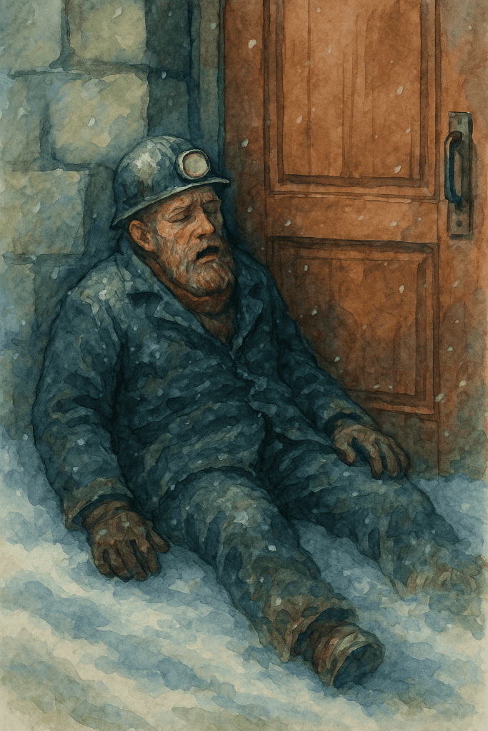 Акварельний малюнок: виснажений шахтар сидить у снігу, спершись об двері, з каскою на голові, очі заплющені