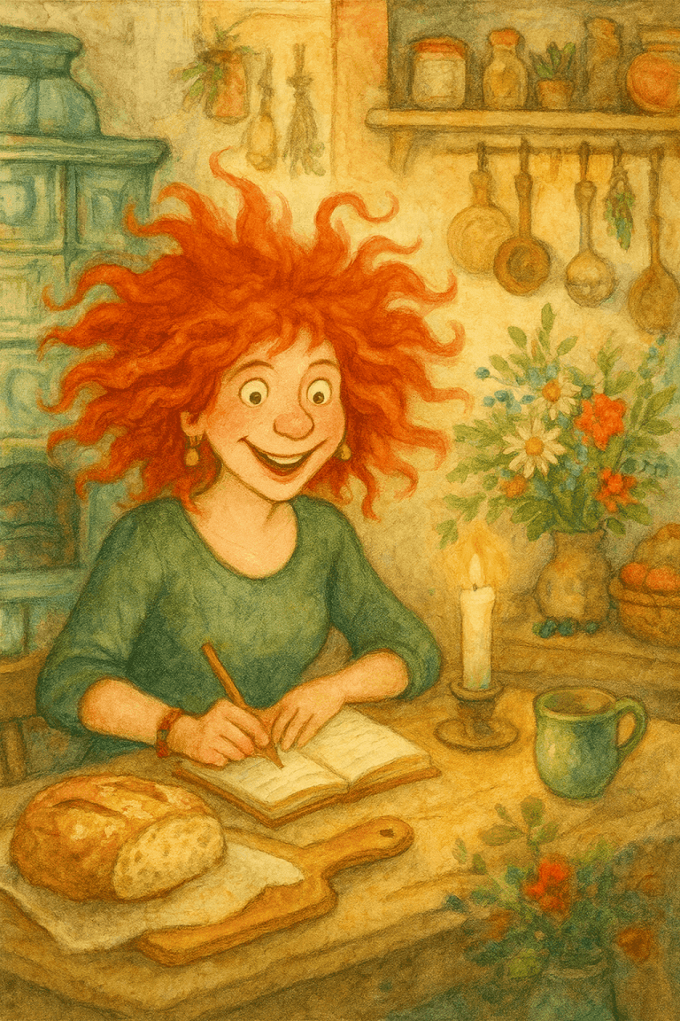 Kreativní ilustrace domácího prostředí s veselou ženou při psaní, s pečivem, květinami a svíčkou, inspirovaná stylizací Bead Culture zaměřenou na ruční práce a kreativitu.
