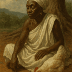 Starší žena s bílým šátkem sedí u stromu, kousek od slepice, v přírodním prostředí, vyzařuje klid a moudrost, zachyceno realistickou malbou s tmavými přírodními odstíny.