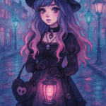 Výstižný obrázek mladé čarodějnice nebo goth dívky v temném městském prostředí s lampami a měsícem, v gotickém stylu, s temnými módními doplňky a ručně malované ilustrace, vhodné pro tvorbu šperků nebo umění beaded culture.