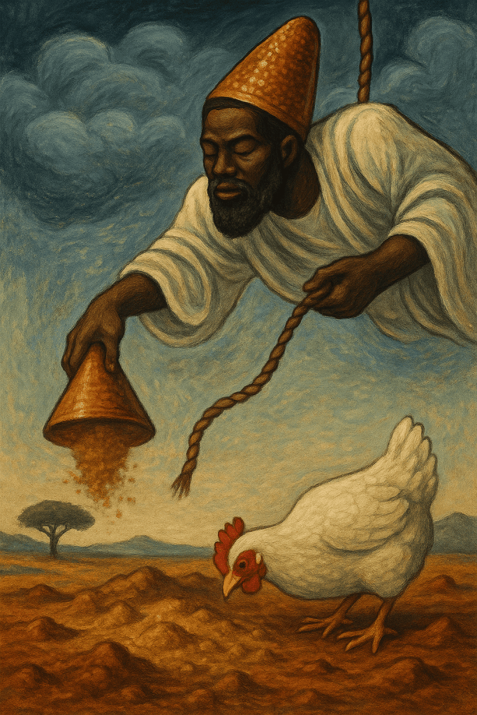 Kreativní umělecké dílo s africkým mužem, který stříká oblohu, a bílým kohoutkem na zemi, symbolizující spojení přírody a kultury, ve stylu moderního malířství s dramatickým atmosférickým efektem.