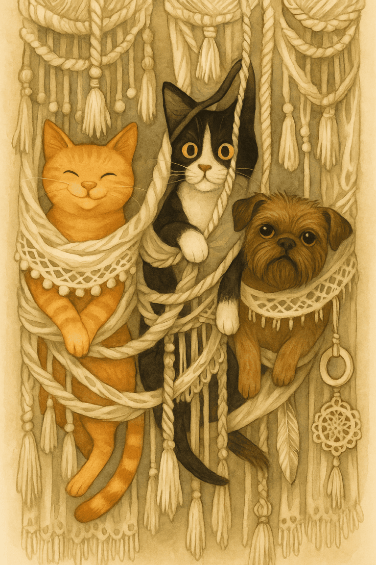 Tři zvířecí postavy – dvě kočky a malý pes – jsou zachumlané v závěsném makramé. Obrázek působí hřejivě, poeticky a nese vintage atmosféru.