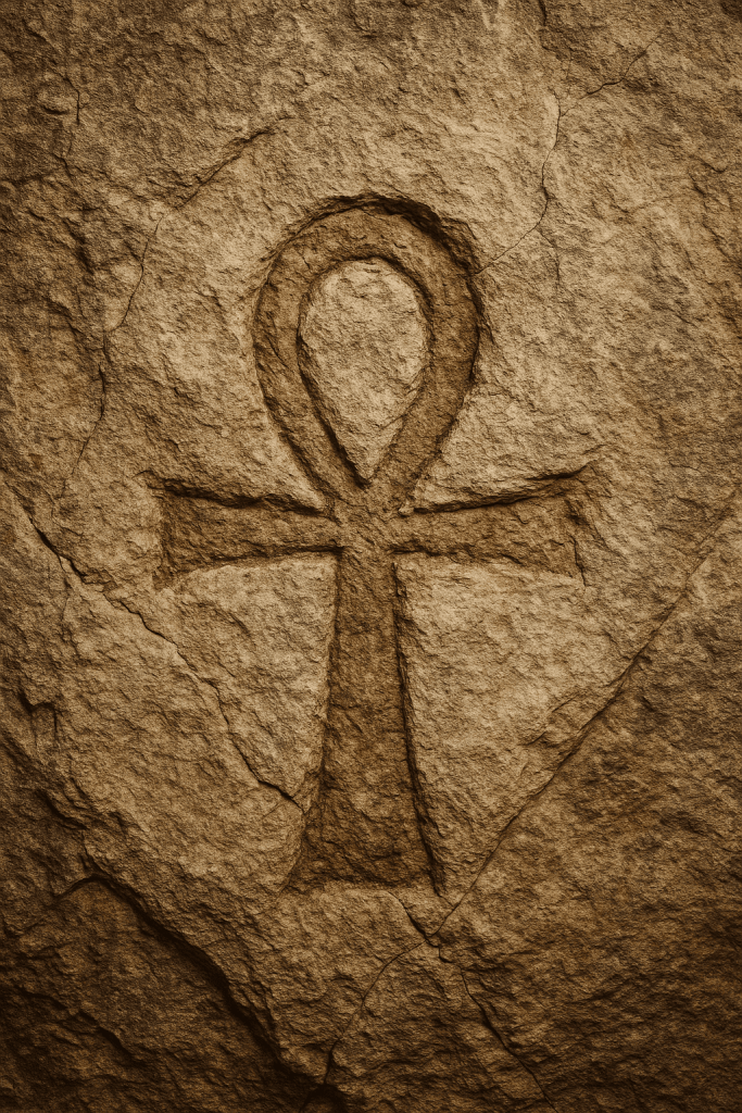 Starověký symbol ankh vyrytý do kamene, egyptský symbol života, starověká egyptská kultura, archeologický artefakt, symbol věčnosti a života, dekorace a symbolika, starověké umění a náboženství.