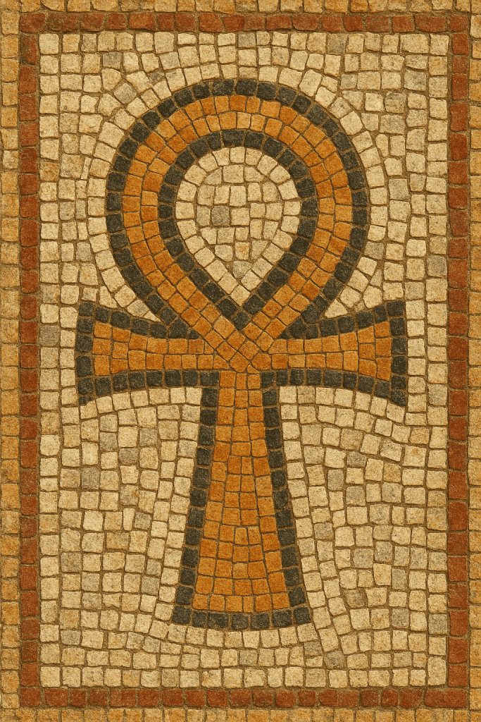 Květinová mozaika s egyptským motivem a symbolem Ankh v teplých odstínech hnědé, oranžové a černé, ideální pro dekorace a umělecké projekty ze skleněných dlaždic.