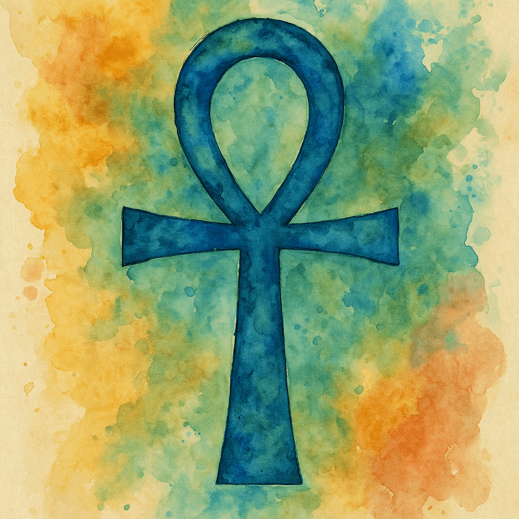 Modrý ankh symbol na akvarelovém pozadí, spojení egyptského symbolu života a duchovního růstu, ideální pro výrobu šperků a dekorací s motivem Egypta a spirituality.