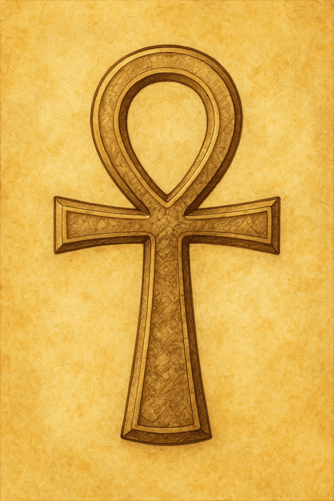 Starověký egyptský symbol Ankh, symbol života a věčnosti, vyrobený z karet nebo papíru s detailním designem na žlutém pozadí.