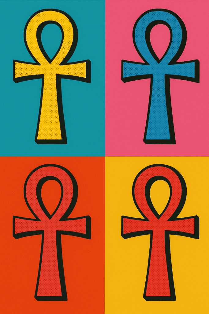 Ankha s barevnými pozadími v pop art stylu, inspirovaná popkulturou a symbolem starověkého Egypta.