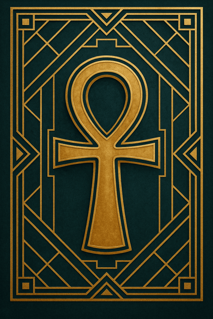 Egyptský ankh symbol zlatý na tmavém pozadí, dekorativní IKONICKÝ ŠTÍT s egyptskou kulturou, design pro šperky, umění a kolekce inspirované starověkým Egyptem.