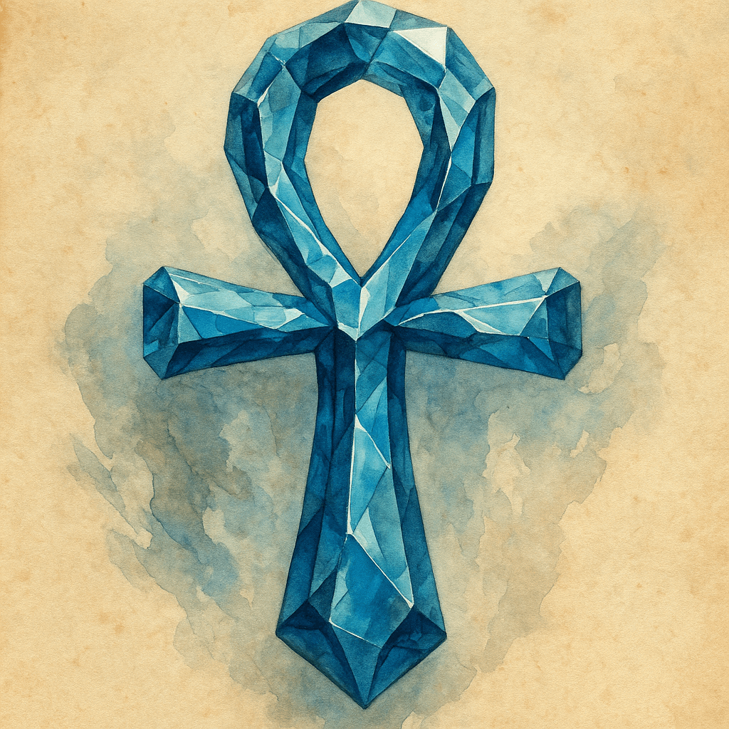 Lesklá modrá ankh náhrdelník z drahých kamenů, ručně vyrobený symbol života a věčnosti, šperky z drahých materiálů, originální design pro milovníky symbolů.