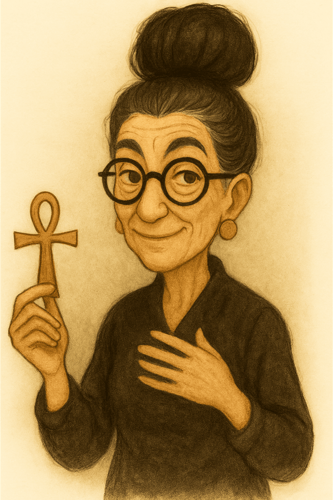 Sestava barevnými korálky na výrobu šperků s motivem moudré starší ženy s velkým drdolem, brýlemi a náhrdelníkem.