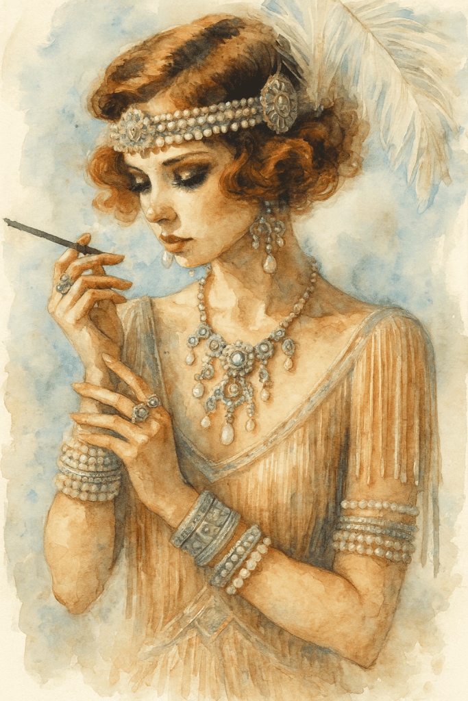 Slovník flapper slangu.Elegantní akvarelový portrét flapper dívky z 20. let s perlovou čelenkou, bohatými šperky, třásňovými šaty a dlouhým cigaretovým náustkem.