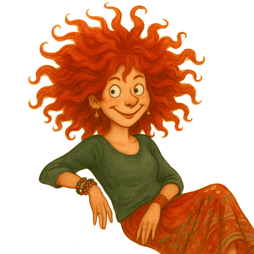 Rozverná žena s hustými, kudrnatými rezavými vlasy, oblečená v zeleném topu a oranžové sukni s poutavým vzorem, sedí s úsměvem a doplňky, ideální pro šperky a módu v kreativním stylu.