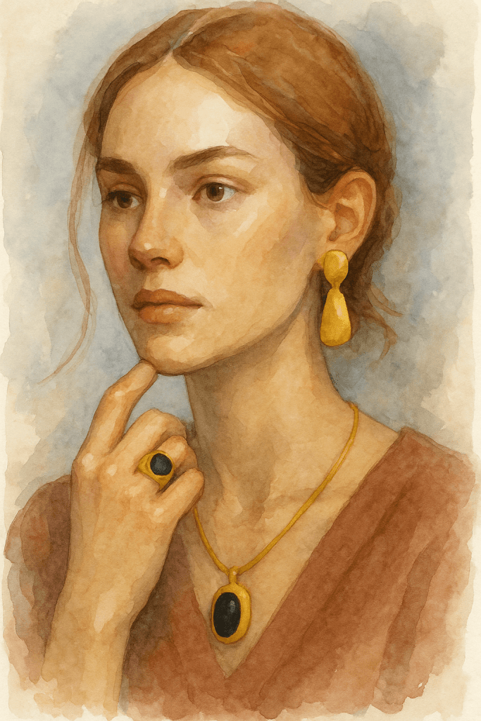 Retrato en acuarela de una modelo con anillo cóctel de ónix, pendientes asimétricos dorados y colgante en oro mate.