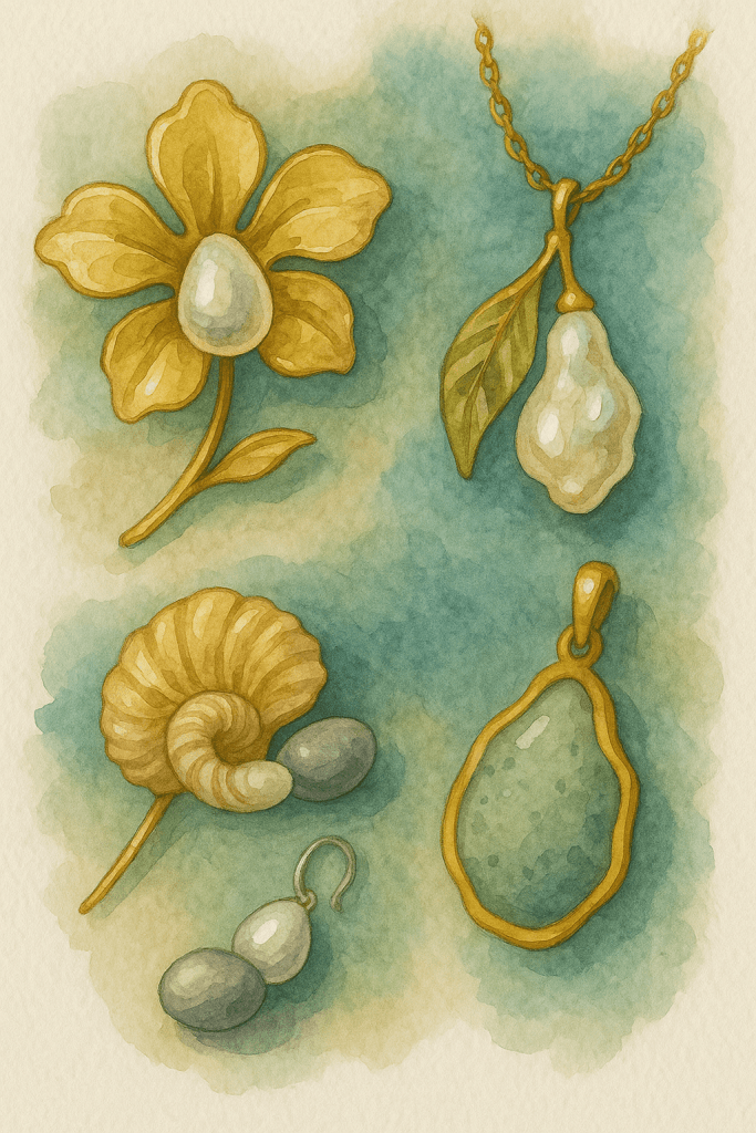 Klenoty s perličkami, zlaté šperky, náušnice, náhrdelník s perlovým příveskem, smyčkové ozdoby, ručně vyráběné šperky, elegantní šperky s prírodním motivem, dámské doplňky, originální šperky z beaded culture.