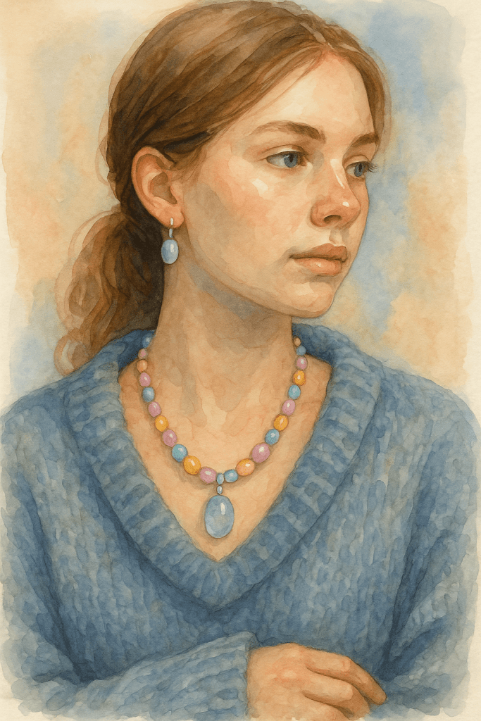 Retrato en acuarela de una modelo con suéter azul oversized, collar de cuentas en pasteles, colgante de vidrio y pendientes delicados.
