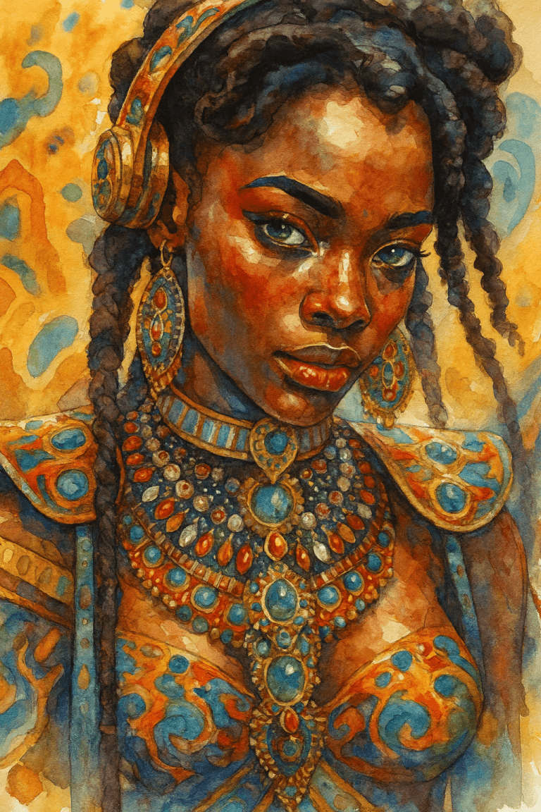 Detail portrétu afrofuturistické ženy s bohatým šperkovým setem, futuristickým stylem a výrazem plným síly a elegance.