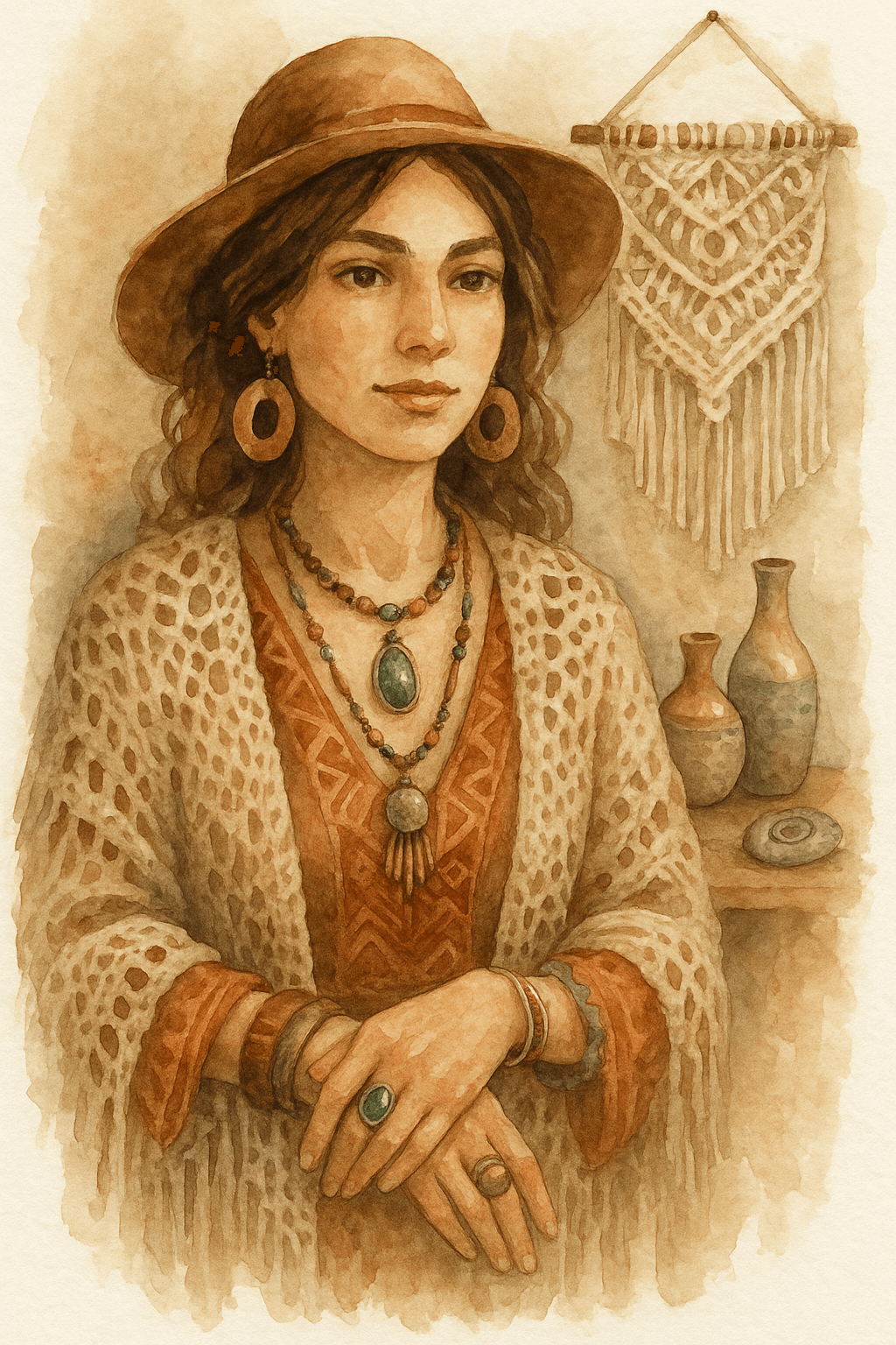 Bohémský styl žena s přírodními šperky a kloboukem, inspirovaná bohémským životním stylem, ideální pro milovníky originálního a volného módního vzhledu.