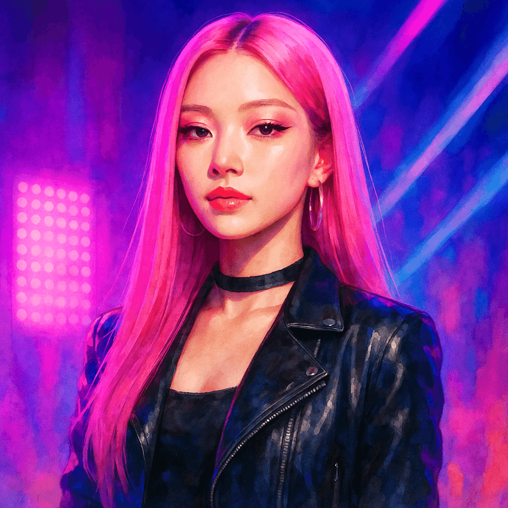 Kpop dívka s růžovými vlasy v kožené bundě, nasvícená neonovým světlem fialovo-modrých tónů, s výrazným make-upem a sebevědomým pohledem – moderní portrét ve stylu akvarelu.