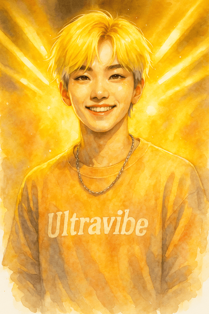 K-pop idol se zářivými blond vlasy a úsměvem, v žlutém tričku s nápisem „Ultravibe“, obklopený teplým světlem a zlatou září – akvarelový portrét plný optimismu a energie.