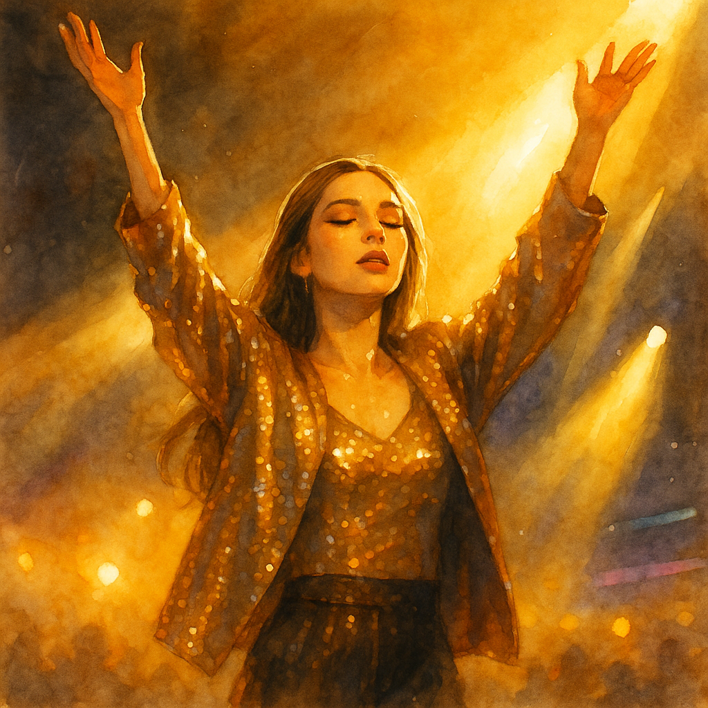 K-pop zpěvačka ve zlatém flitrovaném saku a topu, s rukama zvednutýma k nebi v záři reflektorů, zachycena v okamžiku euforie a světla – akvarelový portrét plný emocí a síly.