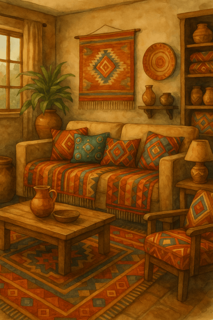Akvarelový interiér v andském stylu – pohovka s tkanými přikrývkami a polštáři s geometrickými vzory, dřevěný stůl, keramika a teplé horské světlo.