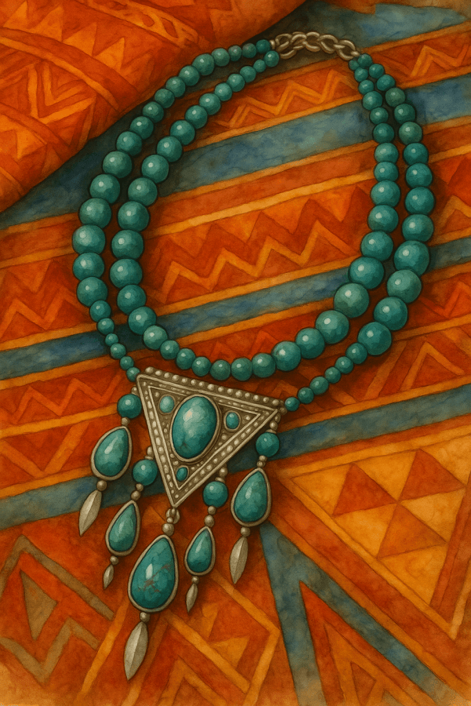 Akvarelový detail andského šperku – stříbrný náhrdelník s tyrkysem položený na tkané látce s geometrickým vzorem v červených, modrých a okrových tónech.