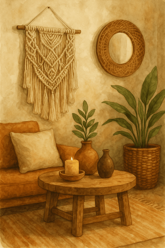 Akvarelový interiér v Artisan Boho stylu – makramé, svíčka, keramika, rostliny a proutěné dekorace ve zlatavě hnědých tónech.