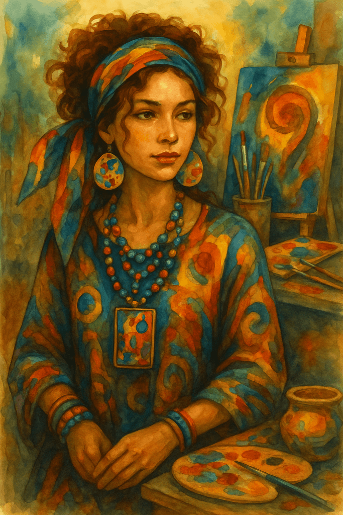 Akvarelová ilustrace ženy v Artistic Boho stylu – barevné šaty, šátek, výrazné šperky, stojí v ateliéru u plátna s paletou a štětci.