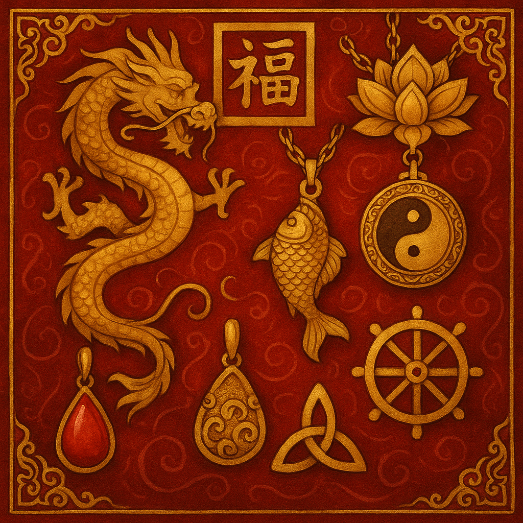 Detail čínských amuletů s drakem, rybou, lotosem a symboly štěstí na červeném pozadí, vhodné pro meditaci a ochranu.