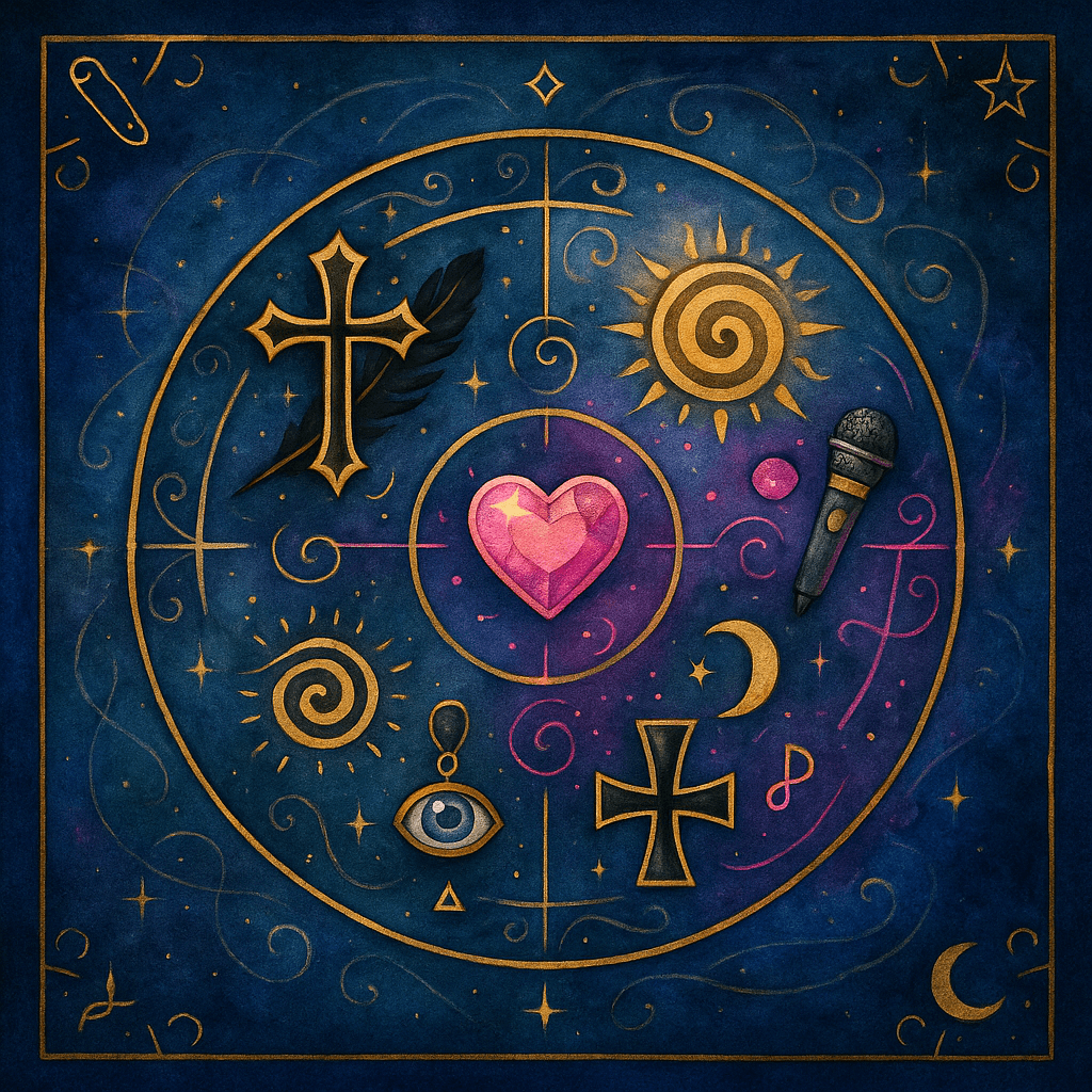 Ilustrace s drakem, korále, svíčkami a symboly v mystickém stylu, odkazující na mytologii a historii.