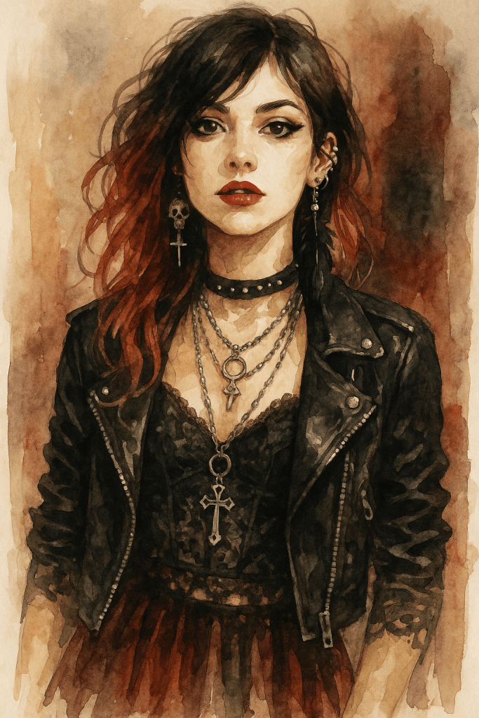 Akvarelová ilustrace ženy ve stylu Boho Punk – kombinace krajky, kůže, řetězů a perel, kontrastní barvy černé, vínové a stříbrné, silný pohled a umělecká energie.