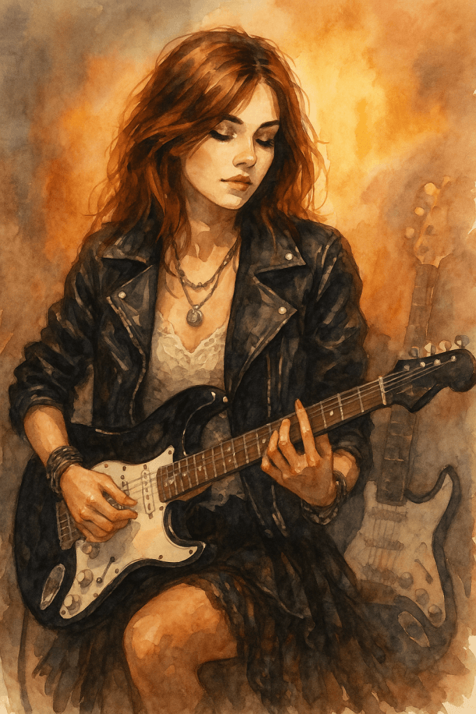 Akvarelová ilustrace detailu šperků ve stylu Boho Rocker – vrstvené řetězy, kožené náramky, kovové prsteny a záře reflektorů odrážející se v kovu.