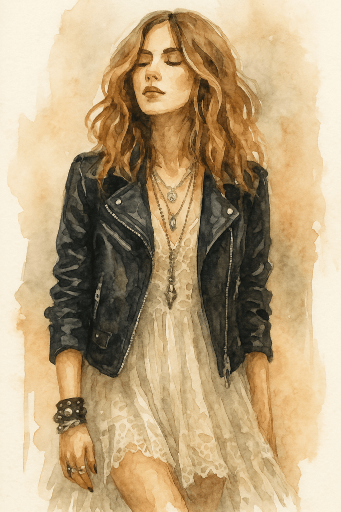 Akvarelová ilustrace ženy ve stylu Boho Rocker – má černou koženou bundu s krajkovými detaily, vrstvené kovové šperky a volné vlasy. Sedí v teplém světle reflektorů s kytarou v pozadí.
