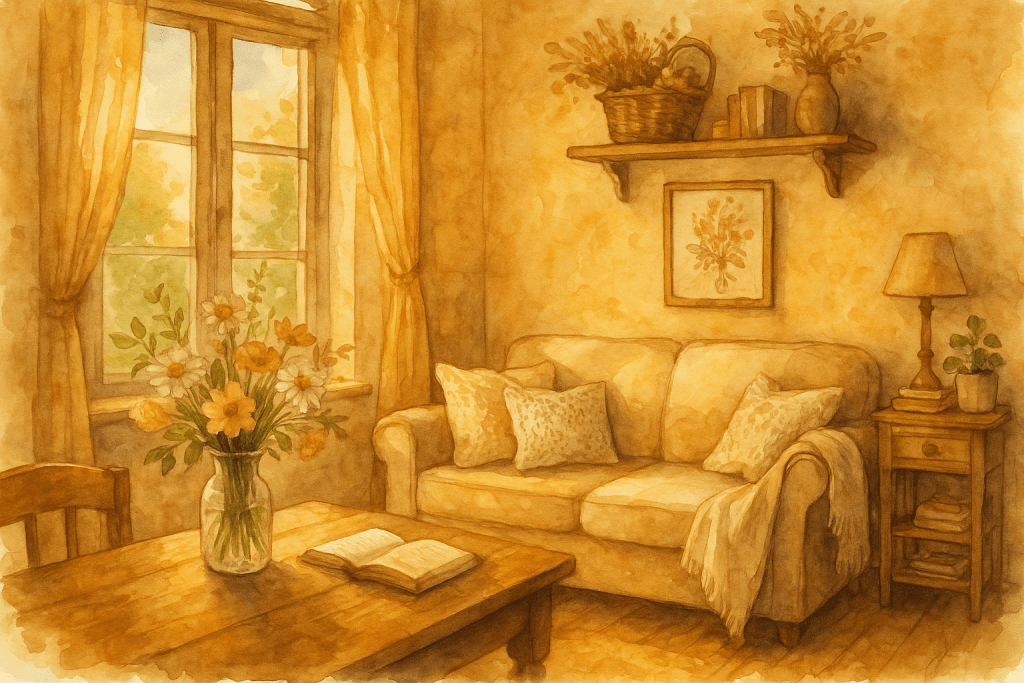 Realistická akvarelová ilustrace venkovské kuchyně ve stylu Cottagecore Boho – dřevěný stůl, proutěné košíky, keramika na policích, květiny ve džbánu a měkké teplé světlo dopadající skrze okno.