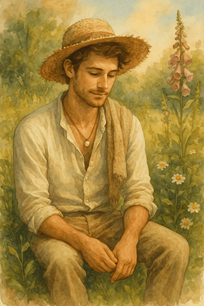 Realistická akvarelová ilustrace muže ve stylu Cottagecore Boho – má lněnou košili a vestu, stojí v zahradě zalité měkkým světlem podvečera, v pozadí květiny a dřevo.