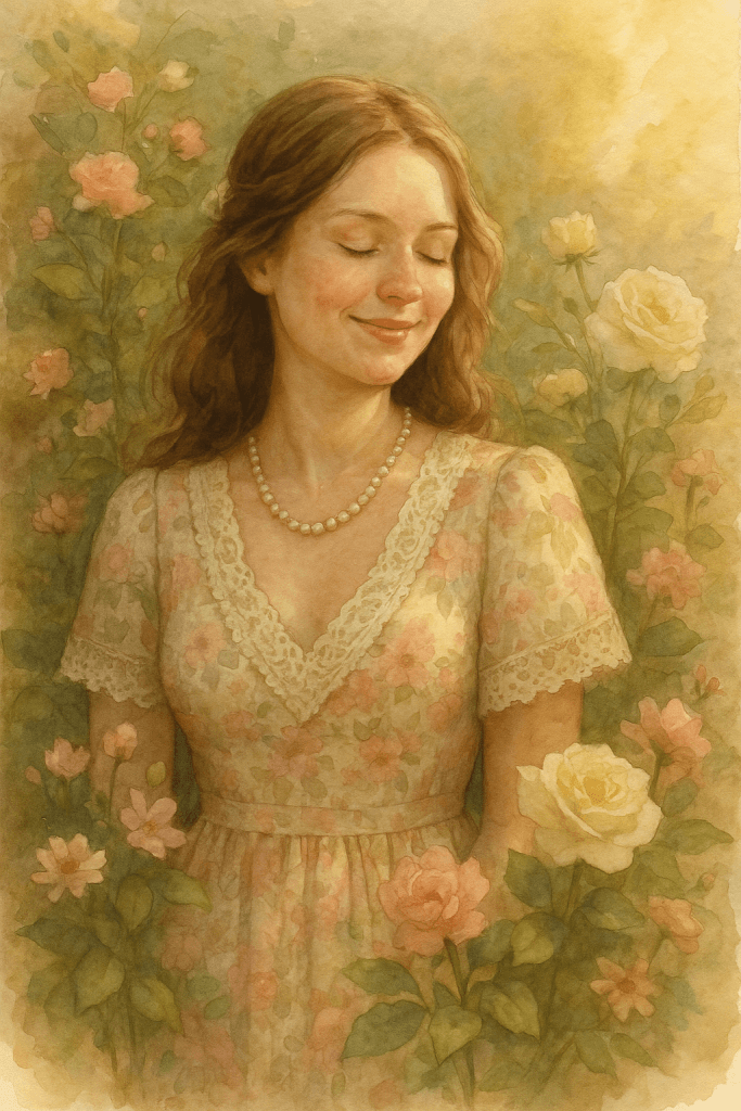 Realistická akvarelová ilustrace ženy ve stylu Cottagecore Boho – sedí v zahradě mezi květinami, má krajkové šaty a pastelové barvy, jemný úsměv a přirozené světlo dopadající na obličej.