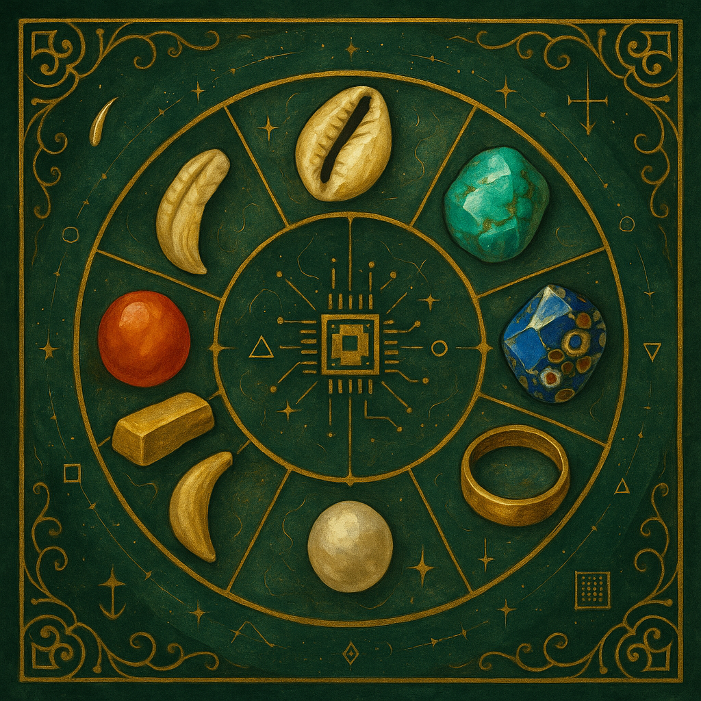 Barevné korále a drahokamy na mystickém pozadí s astrologickými symboly, vhodné pro šperky a umělecké korálky.