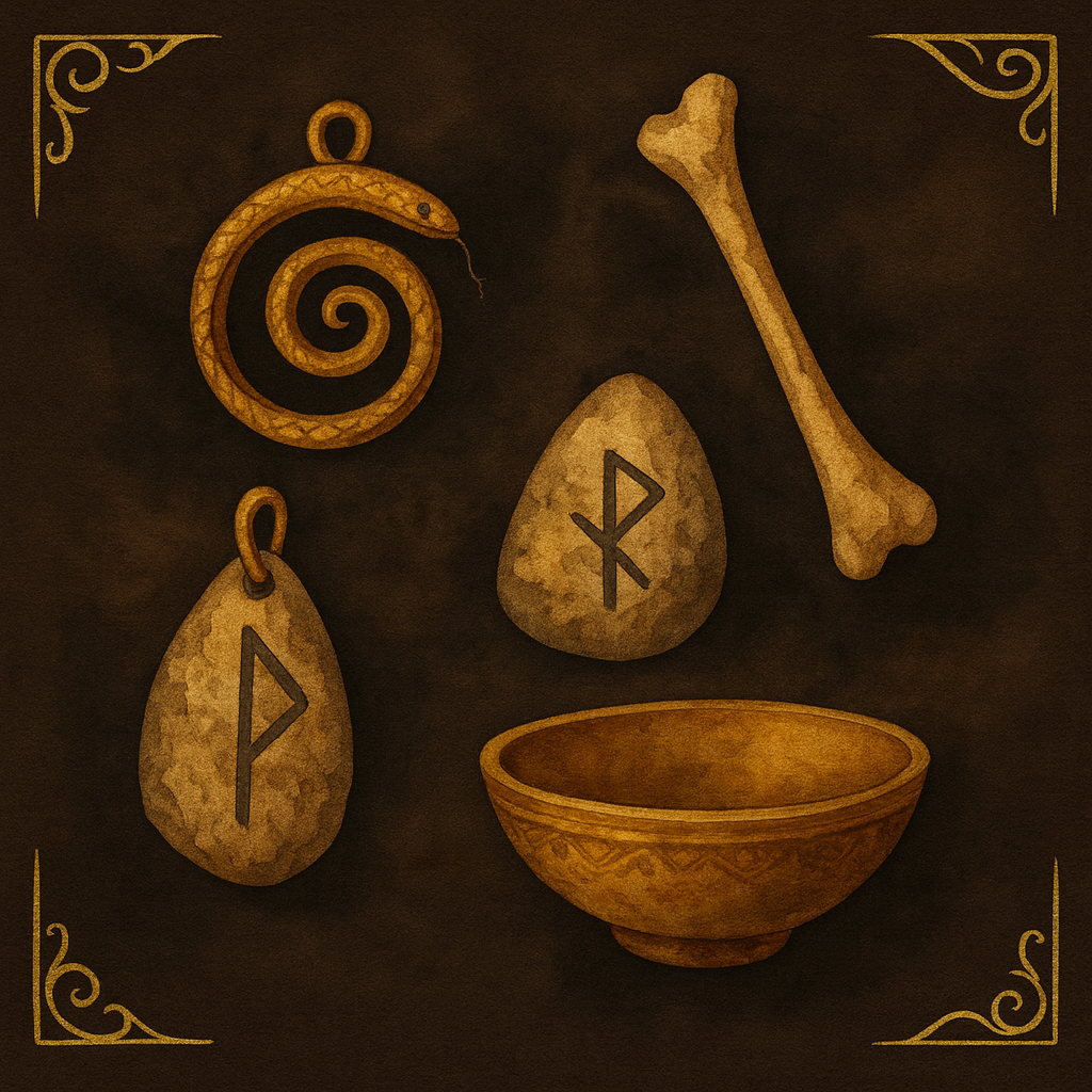 Historické runové amulety a kostní předměty s drakem a korálky, inspirované mytologií a historií, vhodné pro sběratele a milovníky starověkých artefaktů.