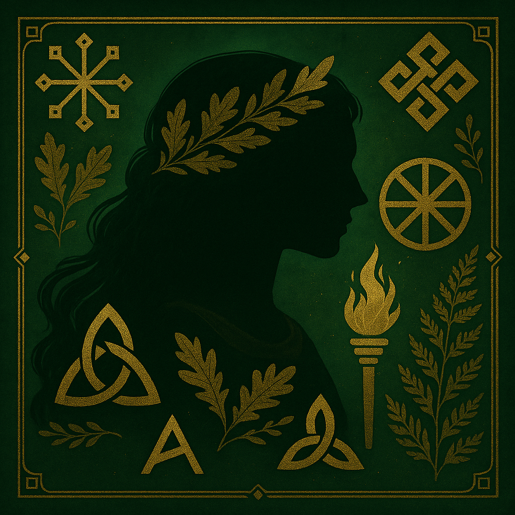 Silueta ženy s korálky a symboly starověké mytologie na zeleném pozadí, zdůrazňující spojení historie a legend.